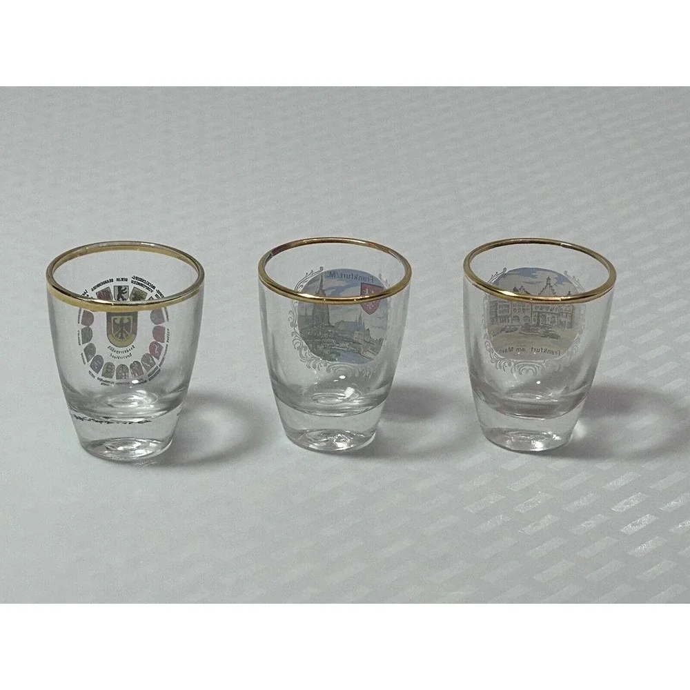 Lot Of 3 Germany Souvenir Vintage Collectible Barware Shot Glasses Gold Rim‎